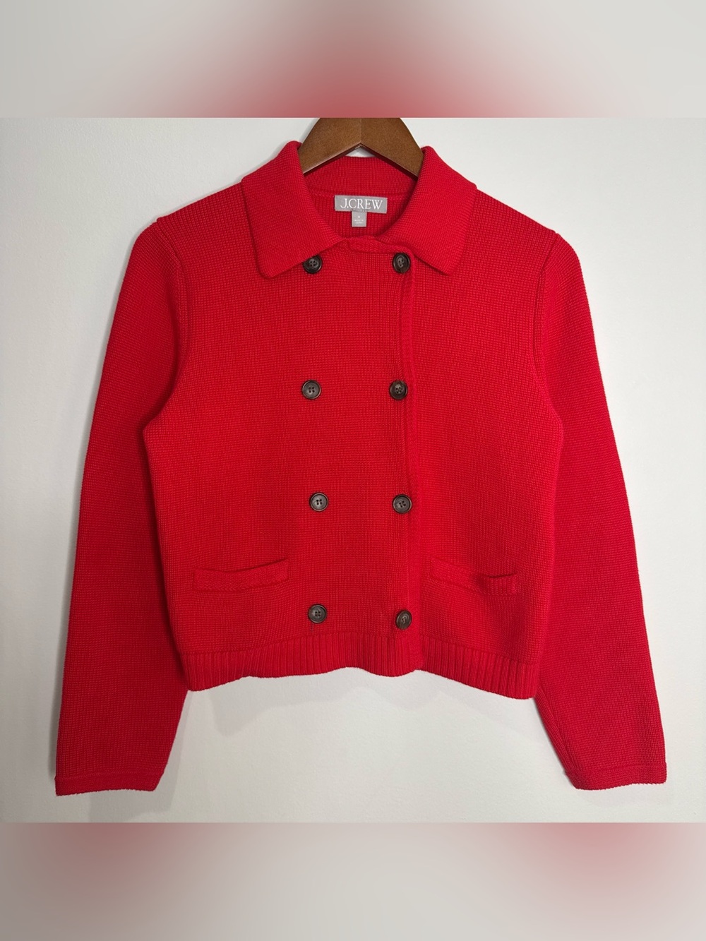 J. Crew Red 100% Cotton Double Breasted Knit Sweater Cardigan Jacket Size Medium